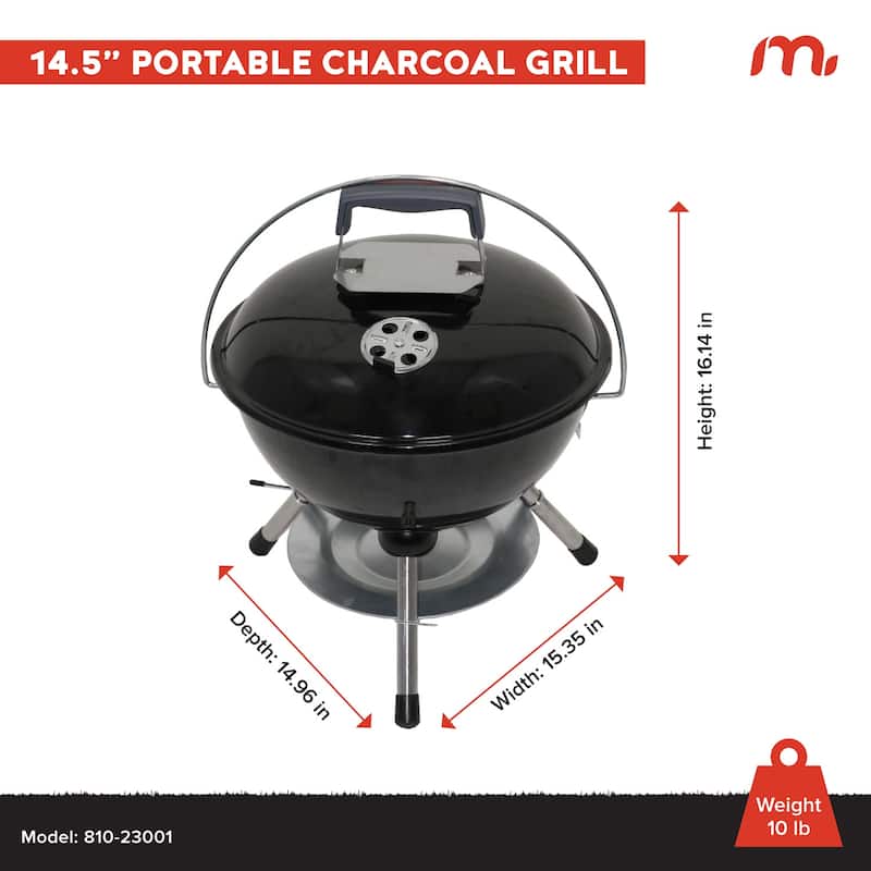 Megamaster 14.5" Portable Charcoal Barbecue Grill, 141 SQ. In Cooking Area - 810-23001