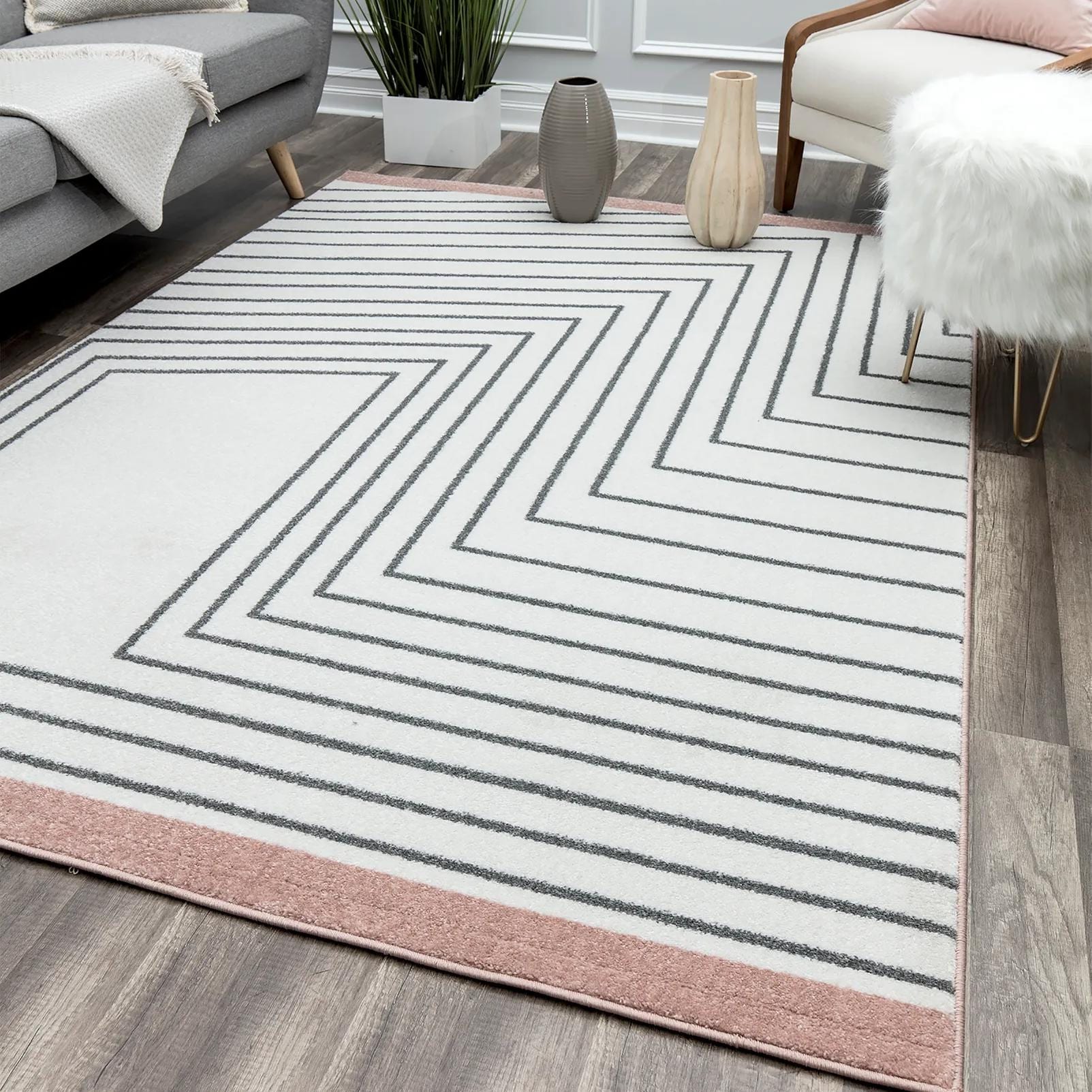 Maz Collection Abstract Geometric Gray and Rose Area Rug - 2' x 3