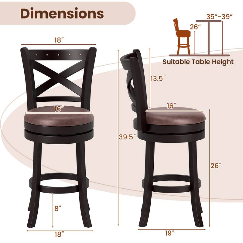 Gymax 26'' Swivel Bar Stools Set of 2 Footrest & Rubber Wood Frame for