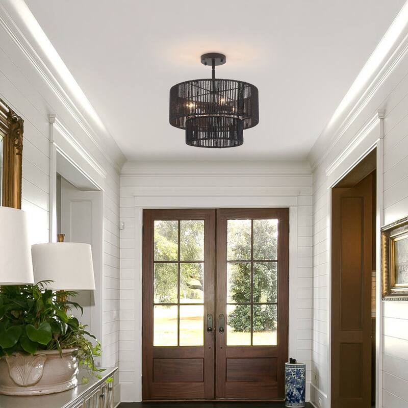 Starsky 4-Light 2-Tier Rattan Semi Flush Mount Ceiling Light