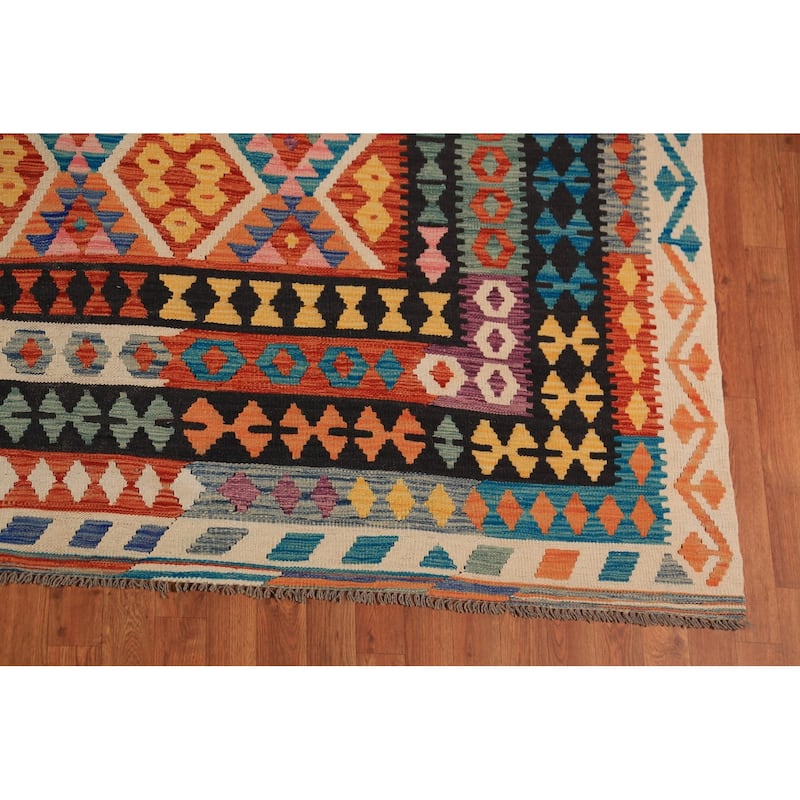 Geometric Kilim Area Rug Flatweave Oriental Multi-Color Wool Carpet - 9'11"x 12'10"