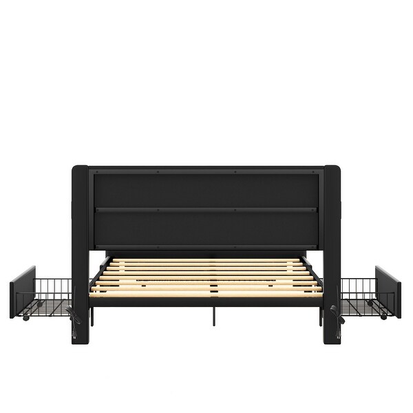 Black Queen Storage Bed Leather Wood Platform Bed Frame w