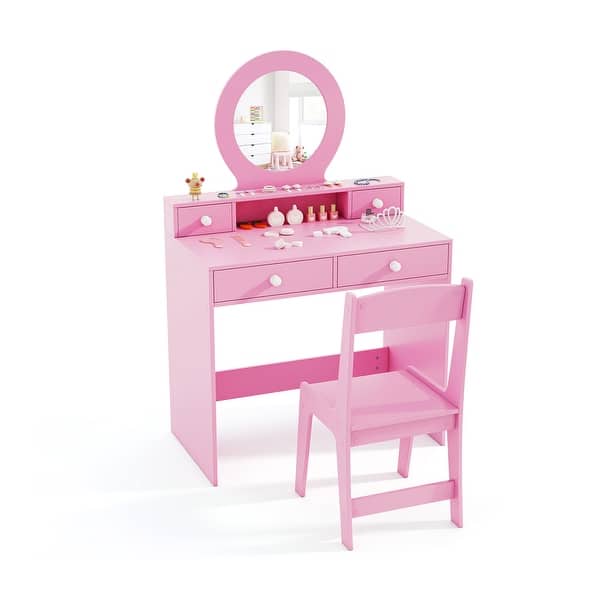 slide 2 of 19, Kids Vanity Set with Mirror Princess Makeup Dressing Desk and Chair Set with Mirror-White Pink