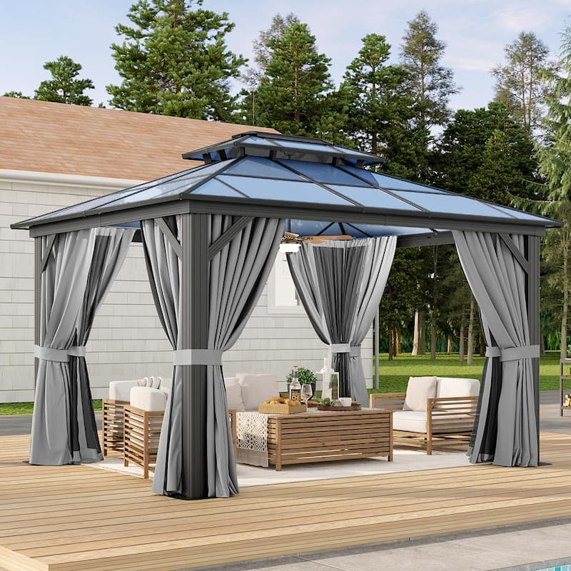 Hardtop Gazebo, Aluminum Frame Permanent Pavilion with Curtains and Netting