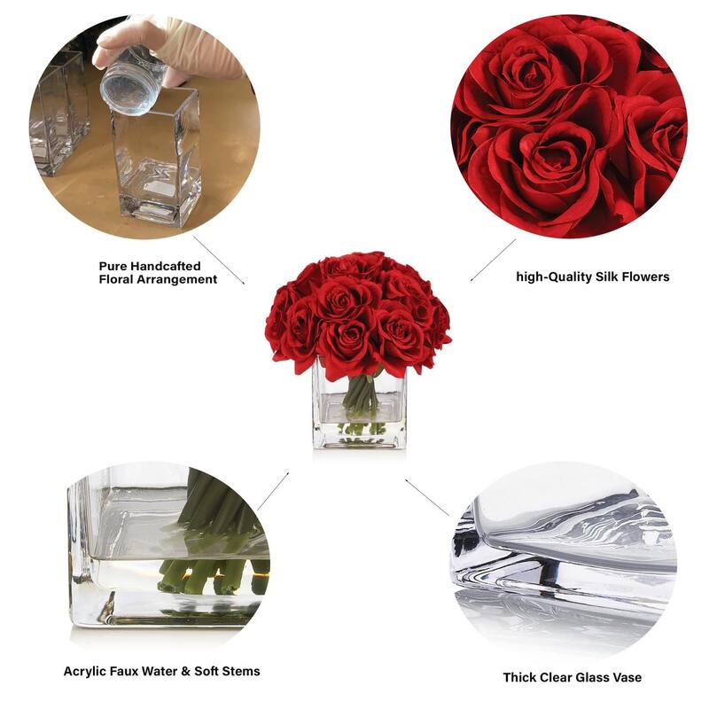 Enova Home Artificial Silk Rose Flowers in Cube Glass Vase with Faux Water for Home Office Decoration - N/A