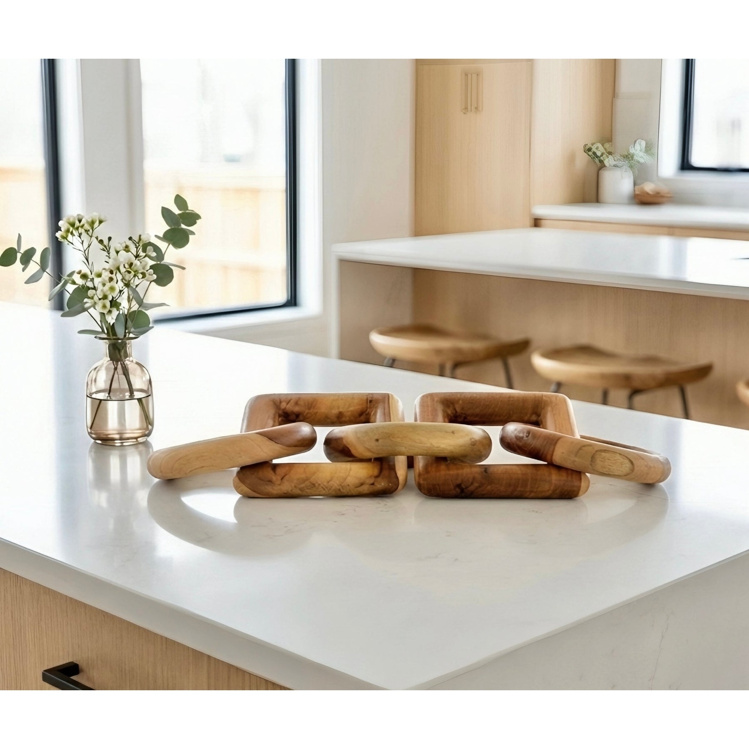 Wood Chain Link Sculpture - Hand Carved 2 Round 1 Square Link Decor, Rustic Modern Accent