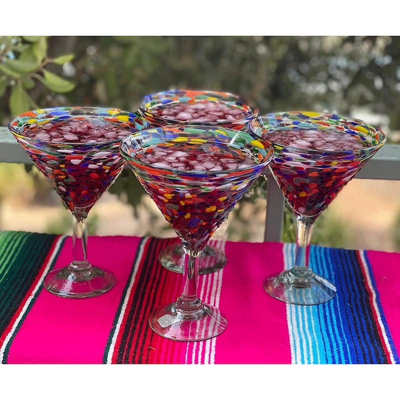 Dos Sueños Mexican Hand Blown Glass - Set of 4 Hand Blown Modern Margarita Glasses - Confetti Rock (12 oz)
