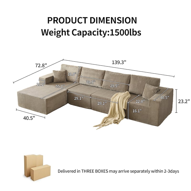 Modular Corduroy Sectional Sofa with Ottoman Chaise Lounge and Pillows