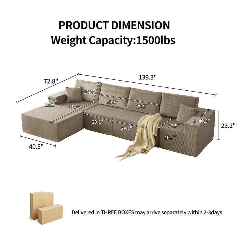 Modular L Shaped Sectional Sofa with Ottoman, Corduroy Boneless Cloud Sofa, 4 Seater Compressed Sofa with 2 Pillows