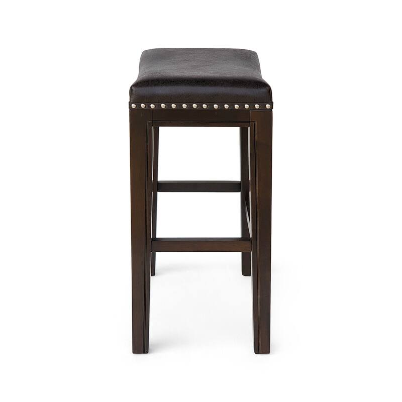Feine Counter Stool Set of 2, Gray Faux Leather Saddle Seat, Brown