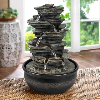 15.7 inches High Rock Falls Tabletop Water Fountain with LED Lights