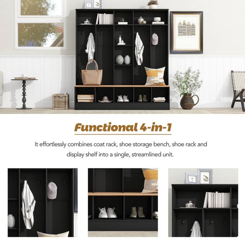 Hall Tree with Storage Bench, Multifunctional Coat Rack with 8 Hooks