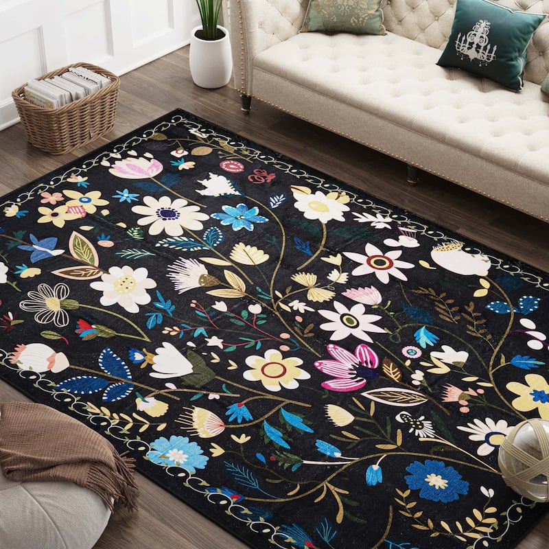 Nature Floral Non-Slip Machine Washable Colorful Modern Area Rug
