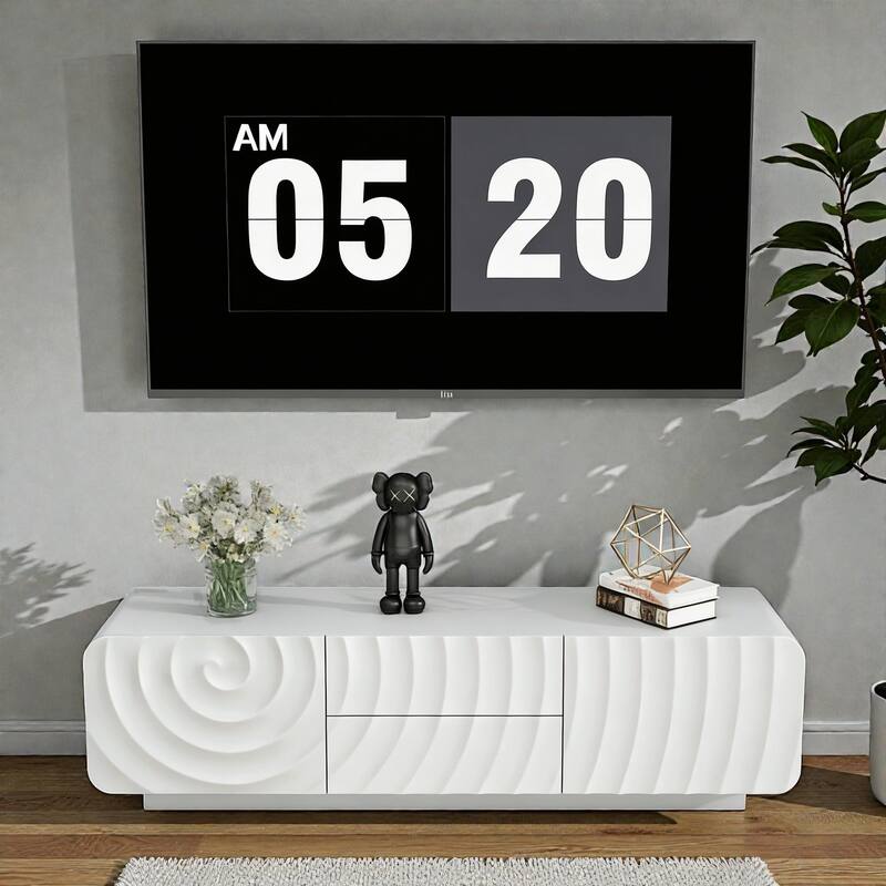 58 Inch Modern TV Stand with Spiral Wave Design, Storage Cabinet and Drawers, Media Console for Living Room