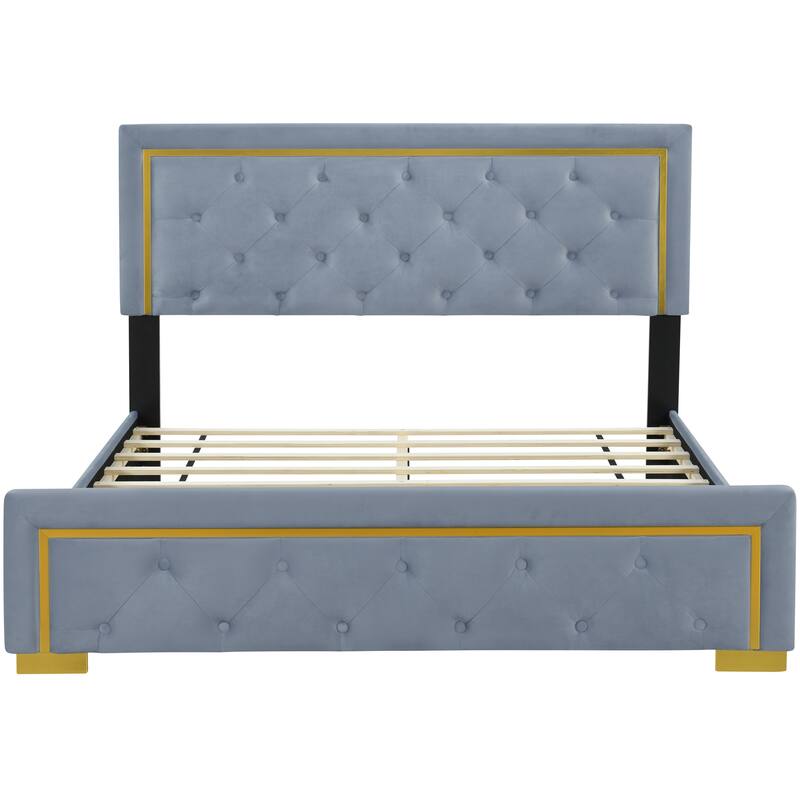 Velvet Upholstered Platform Bed With Pull Point Headboard And Metal Wire Frame