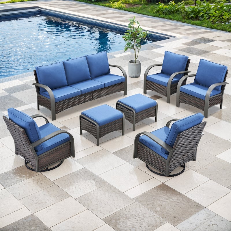 Pocassy Outdoor Patio Sofa Chairs Ottoman Set Funiture - 7PCS Sofa Chair with Ottoman - Brown Rattan - Blue Cushion