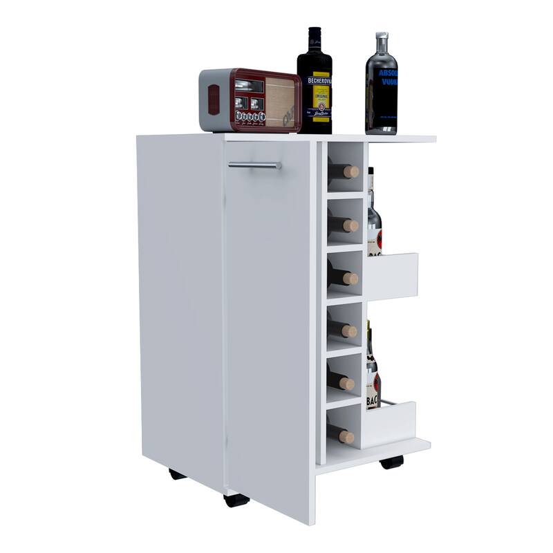 Bar Cart, Four Casters, Six Wine Cubbies, Single Door Cabinet