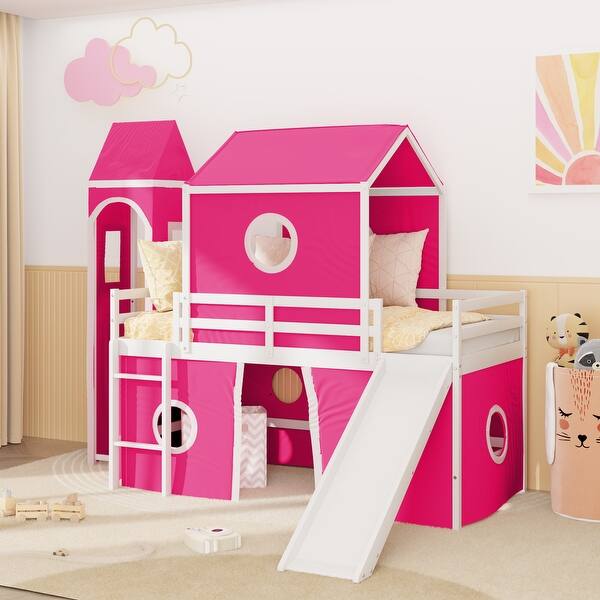 slide 2 of 28, Twin Size House Bed with Slide Pink Tent and Tower, Kids Loft Bed with Castle Pink