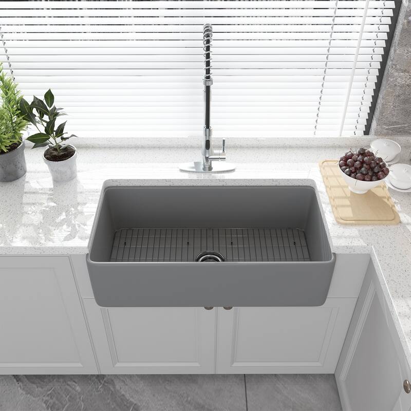 CASAINC Farmhouse/Apron-Front Single Bowl Fireclay Kitchen Sink with Bottom Grid and Strainer, cUPC Certified