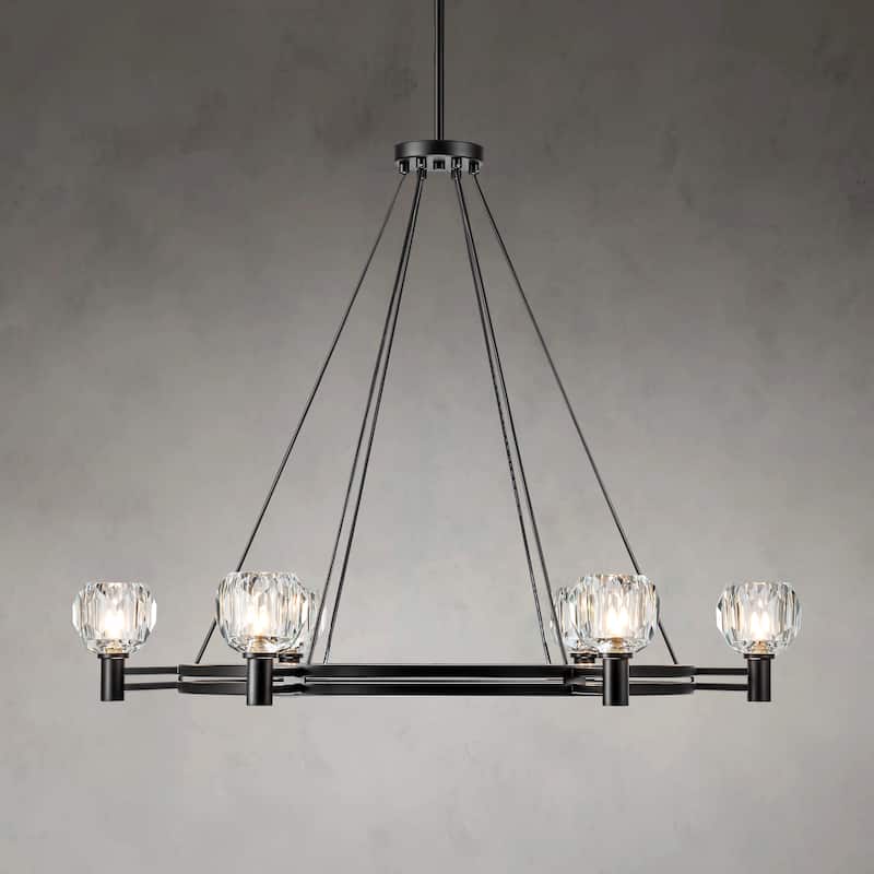 6-Light Mid-Century Modern Industrial Black Wheel Crystal Chandelier for Dining Room/Kitchen Island - 35.4 in. W x 27.1 in. H