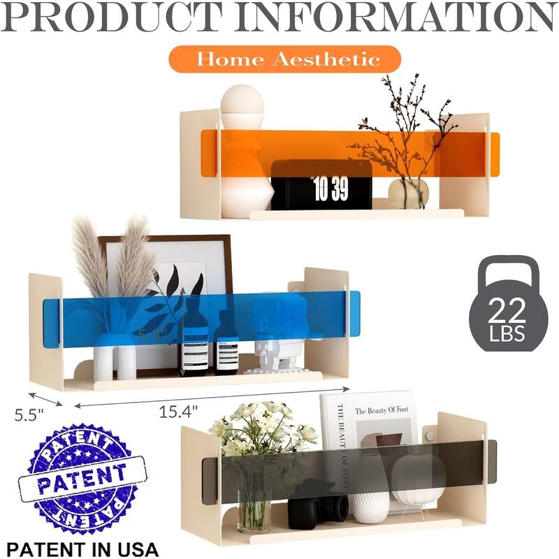 Sttoraboks Metal Floating Shelf,Set of 3 Wall Mounted Shelves, with Acrylic Panels