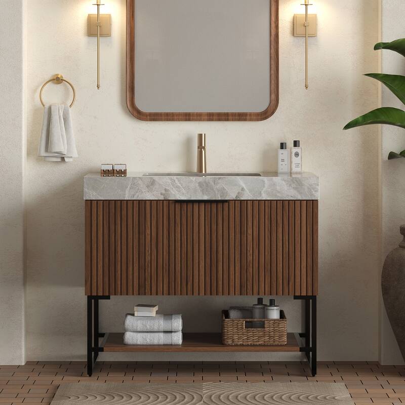 GDFStudio - Yolan 36" Freestanding Bathroom Vanity with Striped Drawer, Open Shelf & Undermount Ceramic Basin, WITHOUT Faucet
