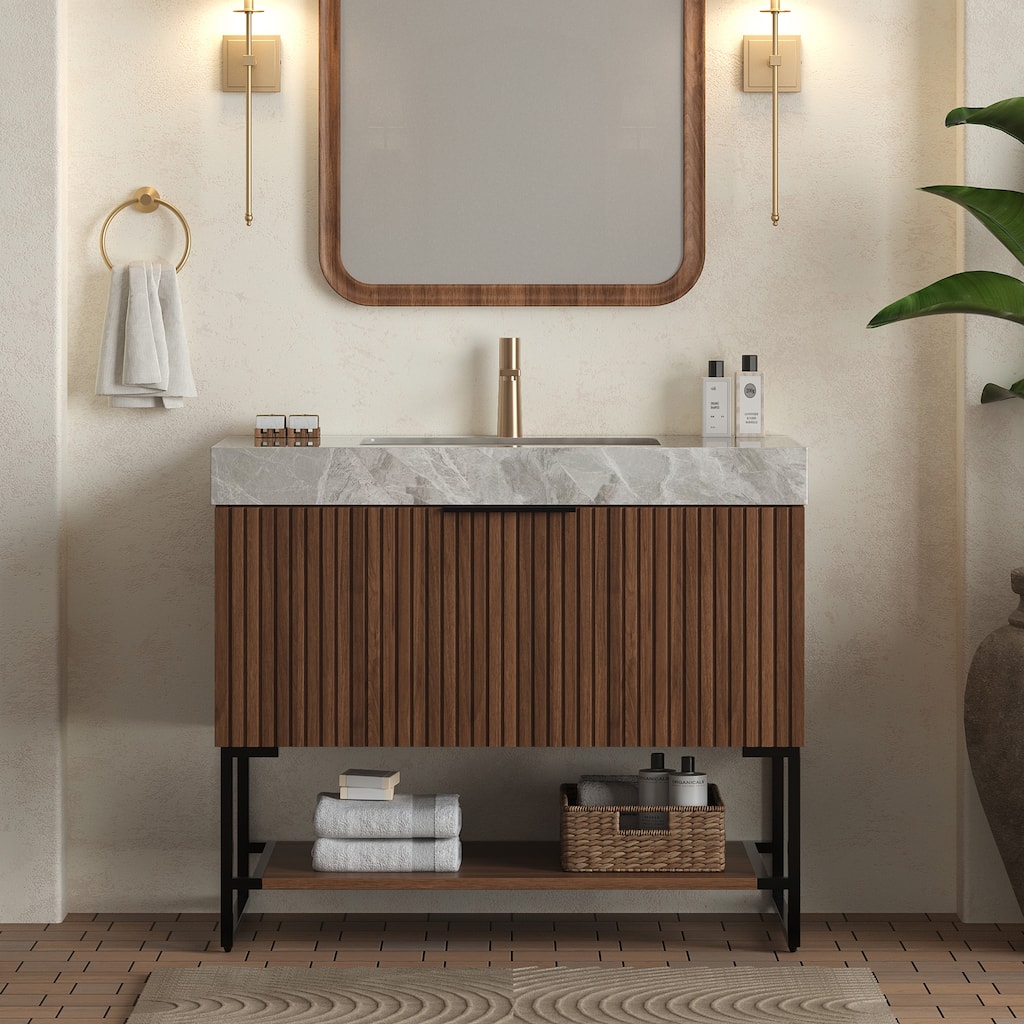 GDFStudio - Yolan 36" Freestanding Bathroom Vanity with Striped Drawer, Open Shelf & Undermount Ceramic Basin, WITHOUT Faucet