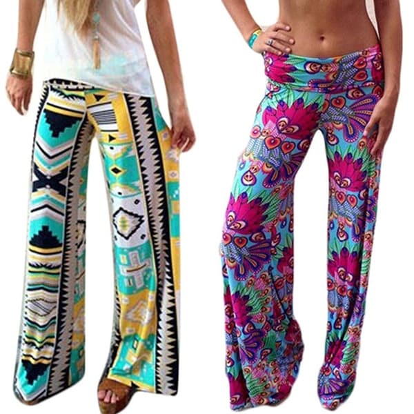 Women's Summer Floral Pants Casual High Waist Flare Wide Leg Long Trousers. Opens flyout.