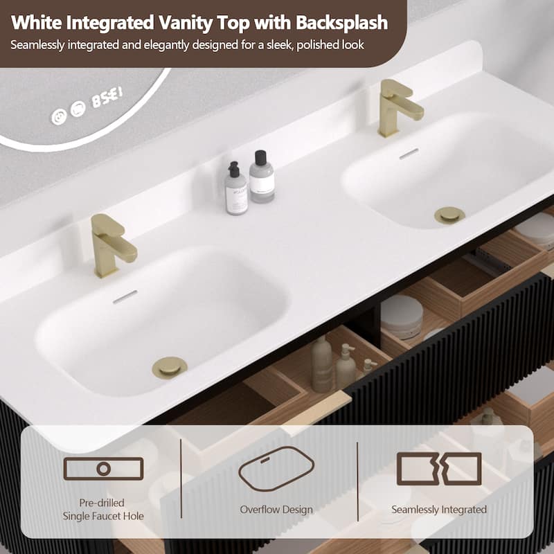 60" Floating Bathroom Vanity with Integrated countertop Rectangulare Sink Solid Wood - 60 inch