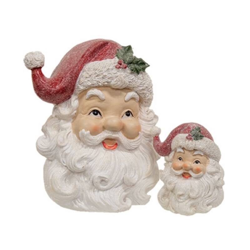 Set of 2 White Beige Red Resin Glitter Retro Santa Head Sitter with Festive Hat and Holly - 6.5 x 5.5 in - White-Beige-Red