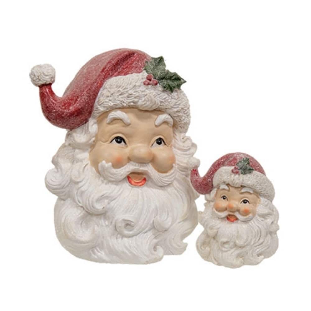 Set of 2 White Beige Red Resin Glitter Retro Santa Head Sitter with Festive Hat and Holly - 6.5 x 5.5 in