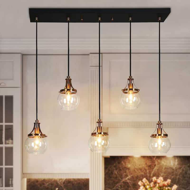 Beta Modern 5-Light Linear Glass Chandelier Black Gold Kitchen Island Pendant Light - L 31.5" x W 4.9" x H 8"