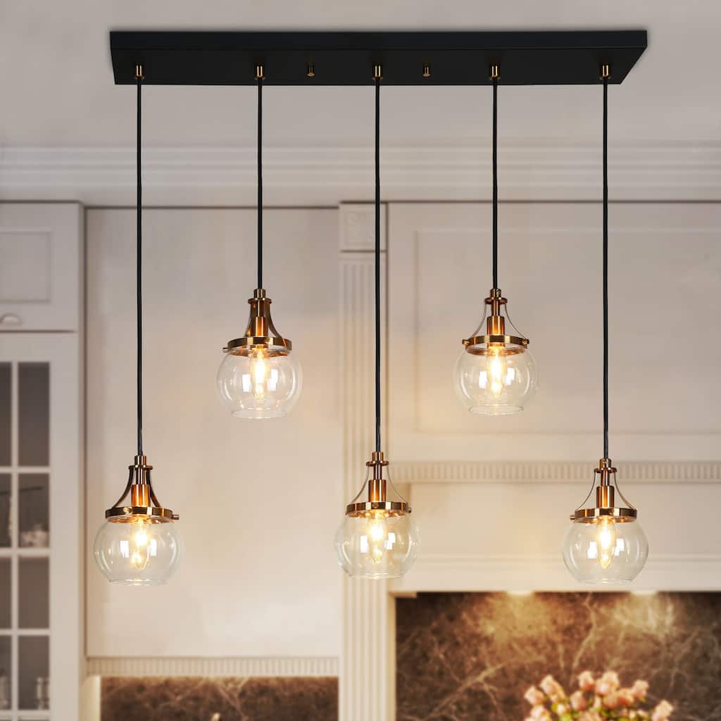 Beta Modern 5-Light Linear Orb Glass Chandelier Black Gold Pendant Light for Kitchen Island - L 31.5" x W 4.9" x H 8"