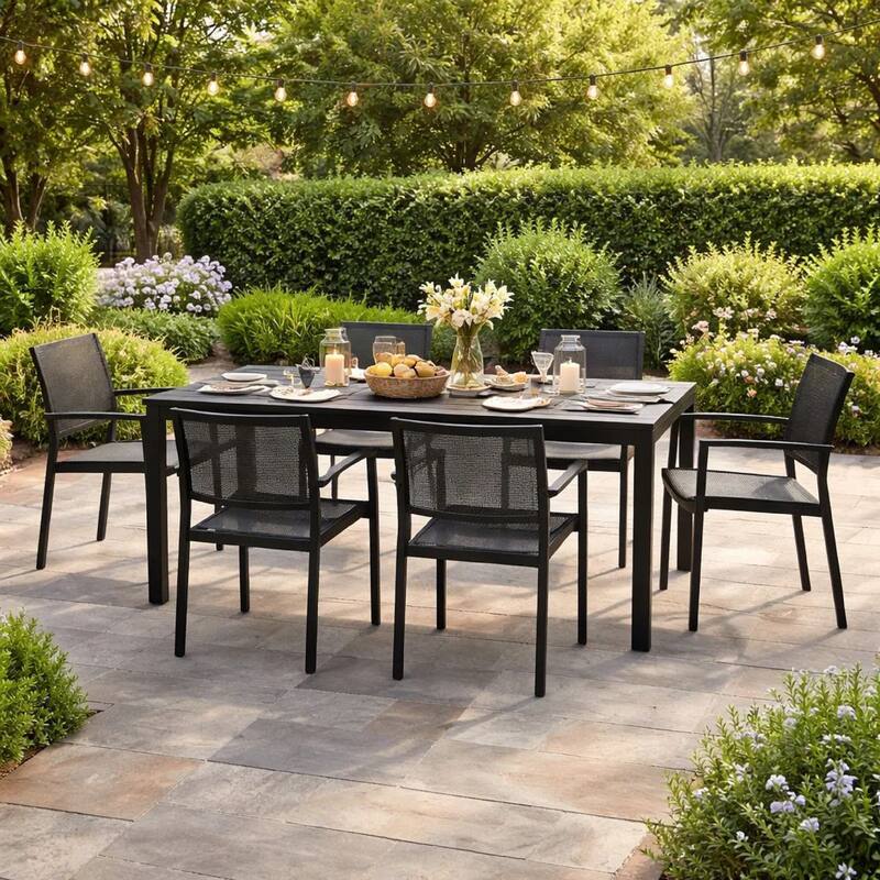 Fifi 7 Piece Dining Table Set, Black Metal Frames, Smooth Textilene Fabric