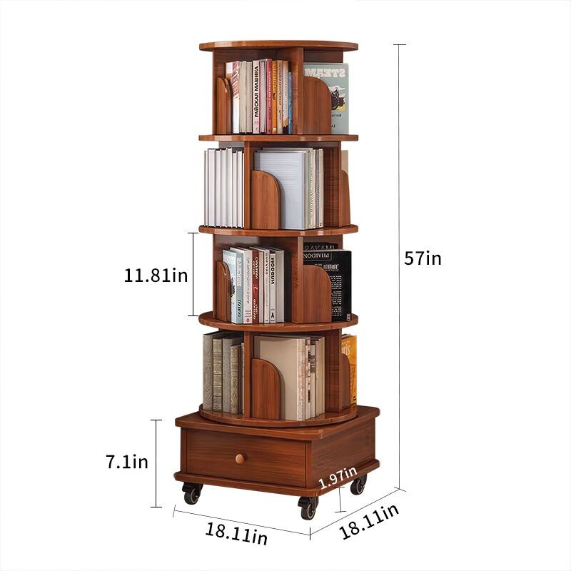 Rotating Wooden Bookcase with Drawer, 5-Tier Space-Saving Floor Shelf Organizer for Bedroom & Small Rooms