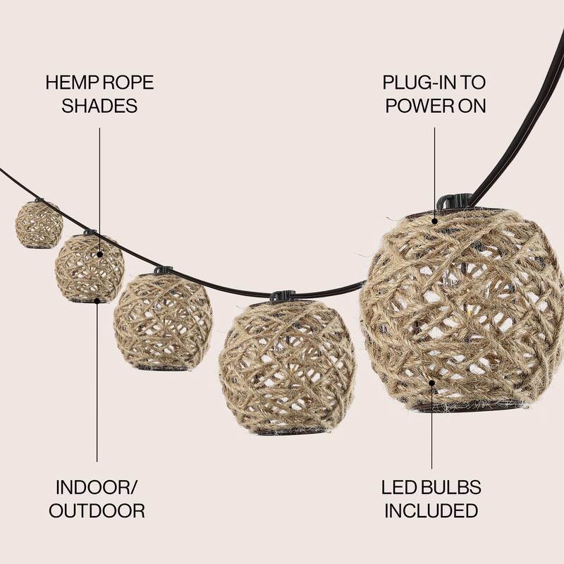 Levi 10-Light Indoor/Outdoor 10 ft. Rustic Incandescent C7 Globe Hemp Rope Shaded String Lights, Light Brown , by JONATHAN Y