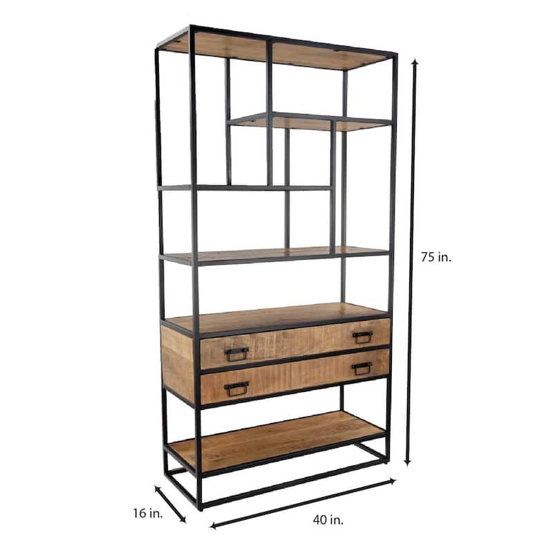 75" Tall Industrial Bookshelf with Drawers Solid Mango Wood