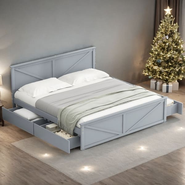 slide 2 of 12, King Platform Bed with 4-Storage Drawers, Headboard and Support Legs, White Grey