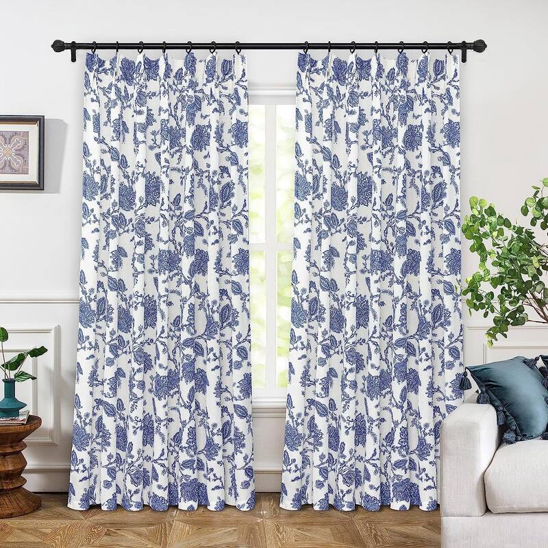 DriftAway Freda Jacobean Floral Linen Blend Lined Blackout Back Tabs Window Curtains