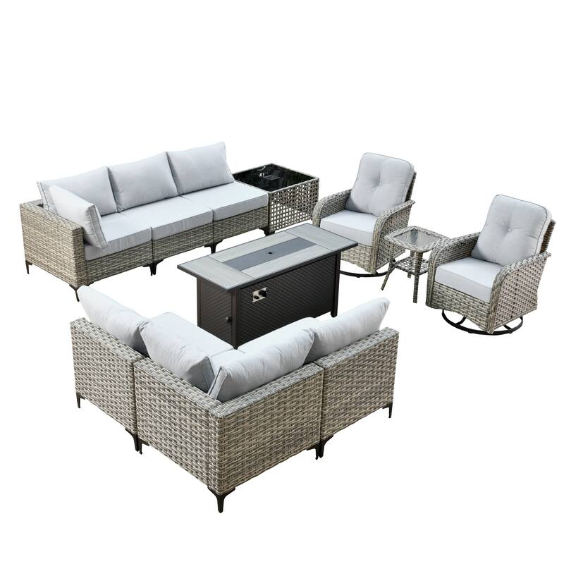 HOOOWOOO 11-piece Outdoor Patio Sofa Wicker Furniture Swivel Chair Set with 54" Fire Pit Table