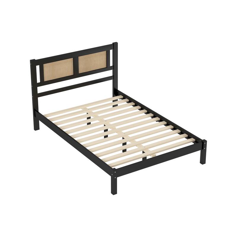 Natural Rattan Headboard Platform Bed - Queen/Full Size, Modern Minimalist Design, No Box Spring Required