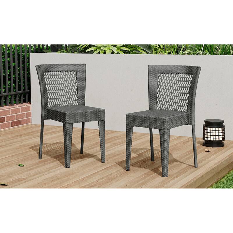 Roomfitters Set of 2 Stackable Outdoor Dining Chairs, Diamond-Mesh PE Wicker with Iron Frame