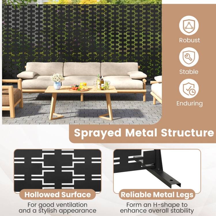 Black Metal Privacy Screen Panel with Freestanding Base and Decorative Design - 48" x 16" x 72" (L x W x H)