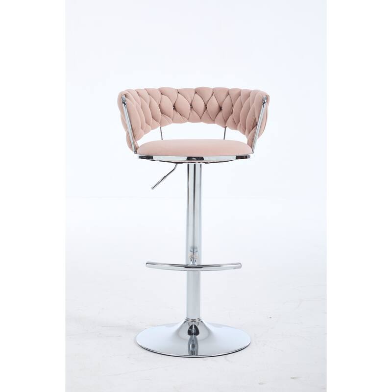 Set Of 2 Bar Stools,With Chrome Footrest And Base Swivel Height Adjustable Mechanical Lifting Velvet, Chrome Leg
