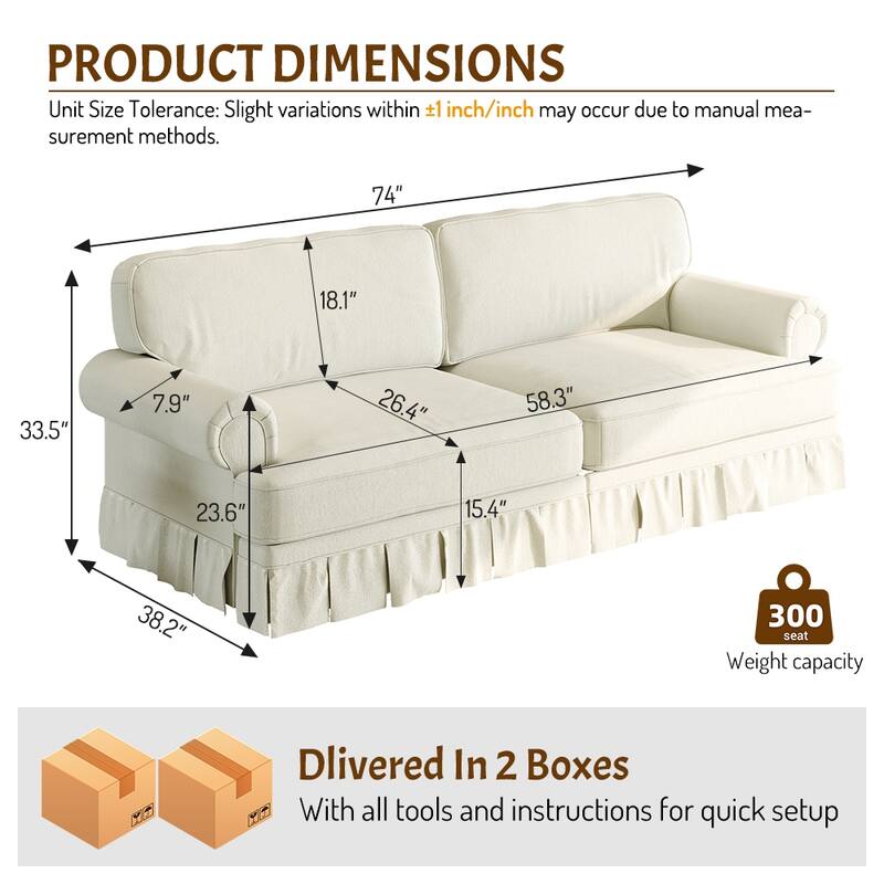 74" Luxury 3 Seater Cloud Couch with Deep Seat, Fabric Sofa with Rolled Arms and Pleated Skirt for Apartment