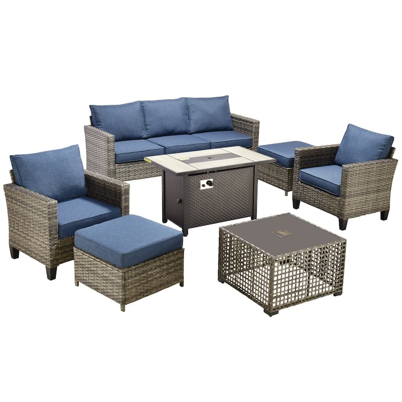 OVIOS 7 Pieces Patio Furniture Set with Solar-Powered Table & Fire Pit
