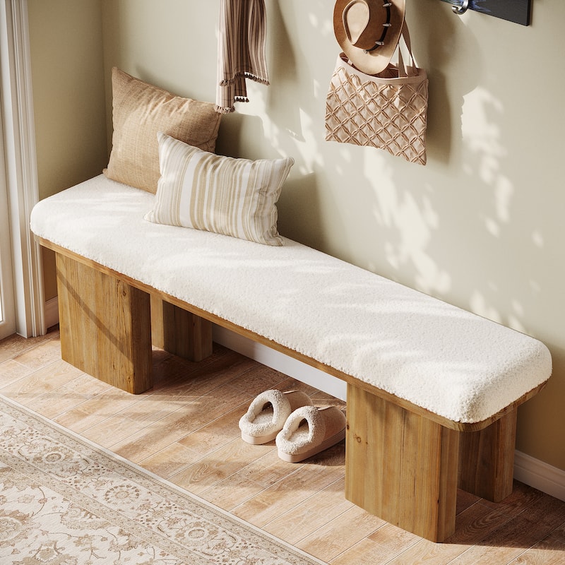 59.05-Inch Solid Wood Entryway Bench, Modern Upholstered End of Bed Bench, Long Ottoman for Bedroom, Entryway