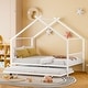 preview thumbnail 1 of 12, Full Size House-shaped Frame White Bed with Twin Size Trundle and Roof for Kids Platform Daybed, Metal House Bed White - Full