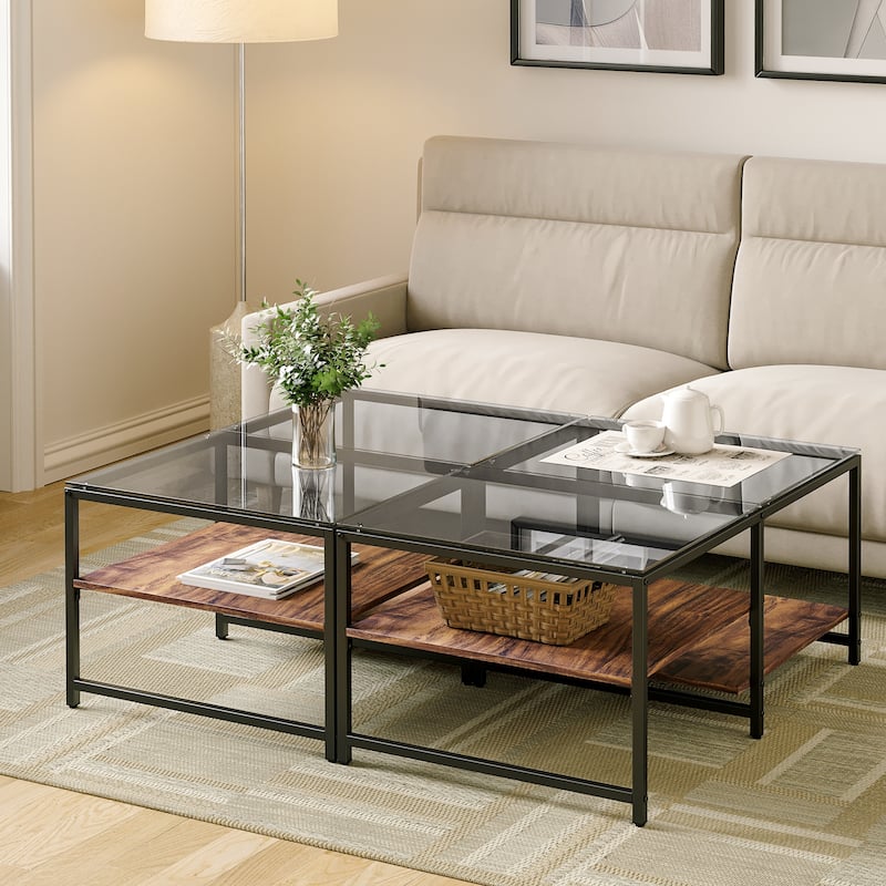 Farmhouse Glass Coffee Table with Storage, Metal Wood