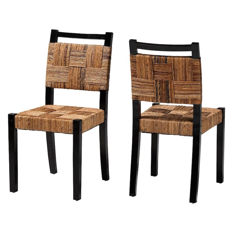 Raniya Handwoven Seagrass Dining Chair Set of 2- Solid Mango Wood Frame with Woven Seat and Backrest, Black - Natural Brown, Black